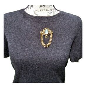 Vintage Germany Ornate Brooch Glass Cabochon Centerpiece & Dangling Beaded Chain